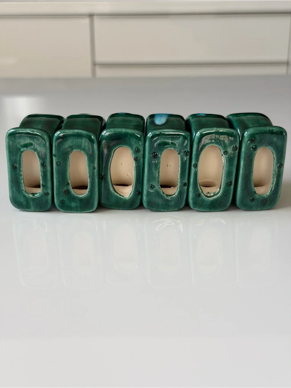 Vintage Drip Glaze Ceramic Napkin Rings - Set Of 6 Emerald & Turquoise